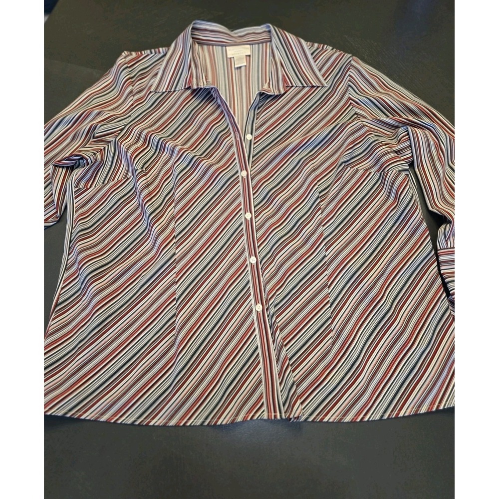 Worthington Woman Stretch Shirt 3X Red‎ Gray Striped Button Front Long Sleeve